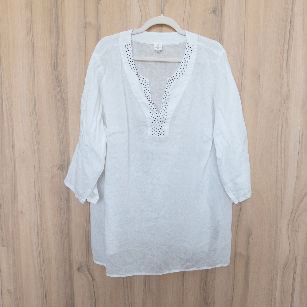 Jones New York Womens Linen Tunic 2X White Beaded V-Neck Coastal Beach Lagenlook
